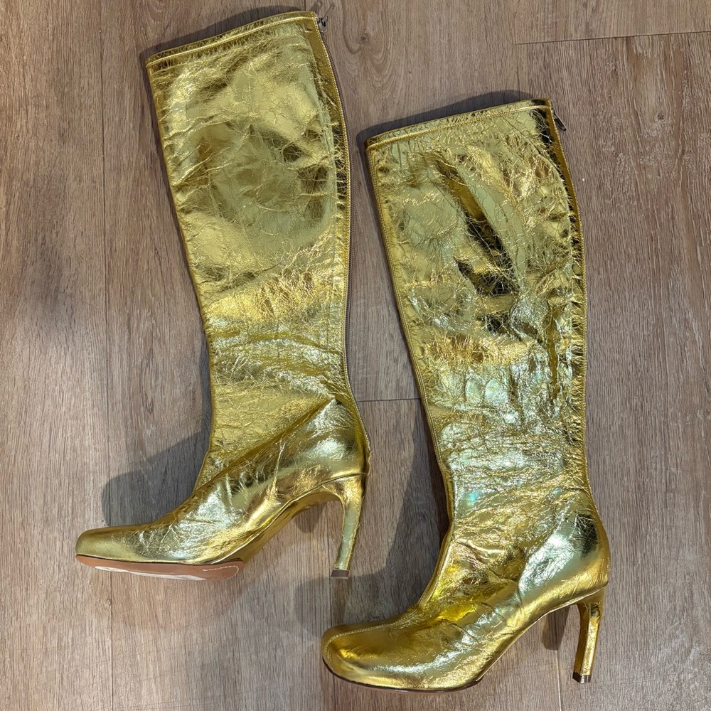 Dries Van Noten Gold Metallic Leather Statement Knee Boots Sz 36.5 - Picture 2 of 16